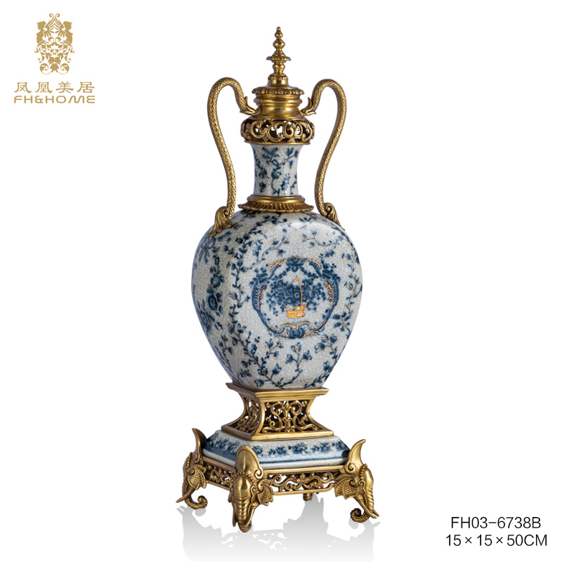 FH&HOME/凤凰美居奢华青花欧式描金高温瓷裂纹桌面摆件工艺饰品