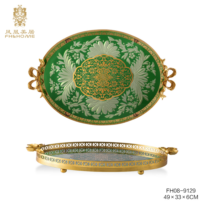 FH&HOME/凤凰美居奢华欧式彩色个性时尚桌面玻璃托盘装饰收纳摆件