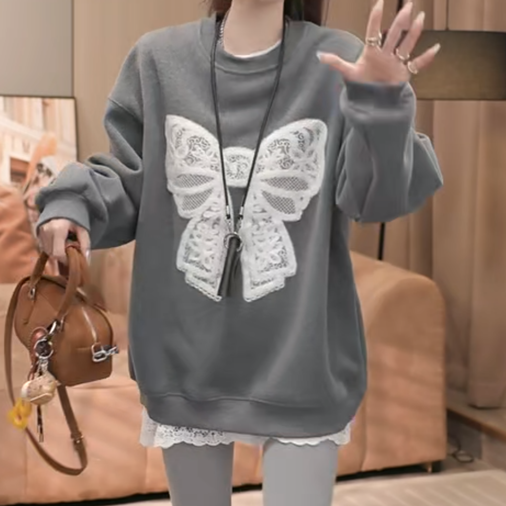设计感钩花蝴蝶结套头卫衣女秋冬时尚百搭休闲宽松圆领长袖上衣
