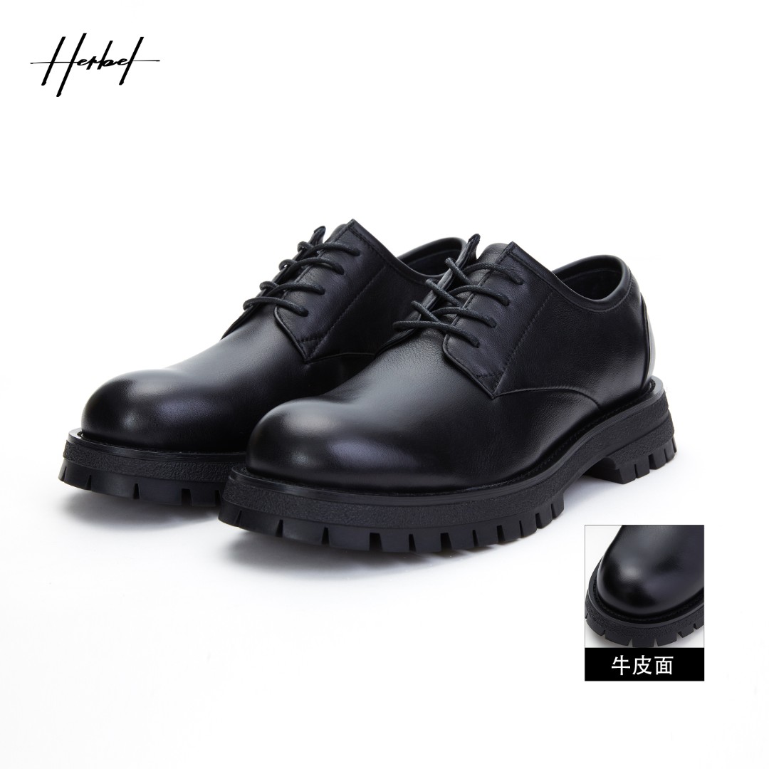 HERBEL/黑白秋季圆头黑色休闲皮鞋增高黑色牛皮增高德比皮鞋