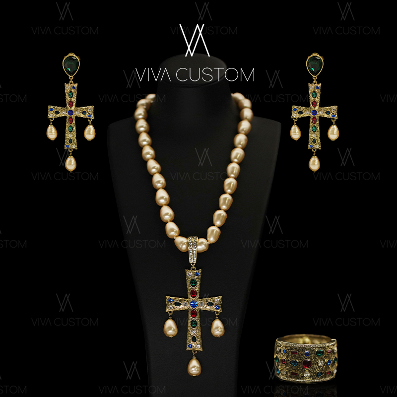 合金仿珍珠耳饰 （精工系列）复古宫廷风重工镶嵌拼色十字套装