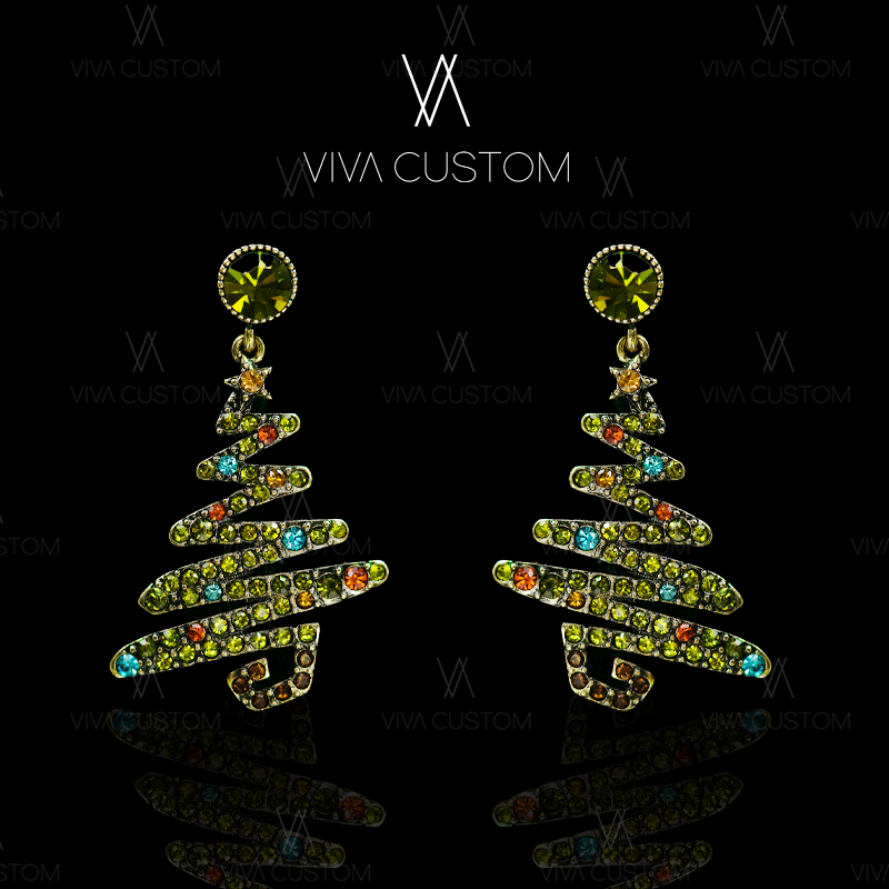 铜合金合成锆石耳饰 法式气质优雅梦幻圣诞树耳钉