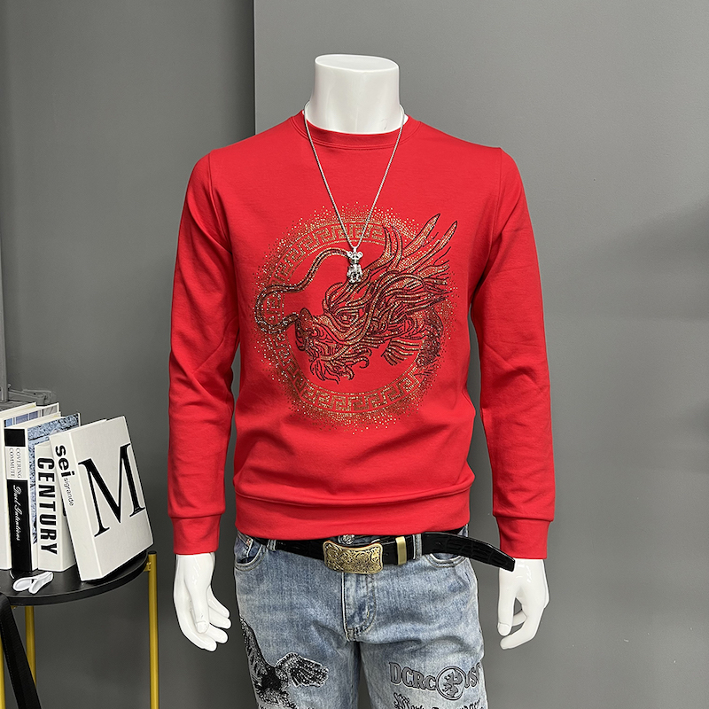 欧洲站高端男士卫衣潮牌时尚龙年重工烫钻上衣T恤品质男装打底衫t