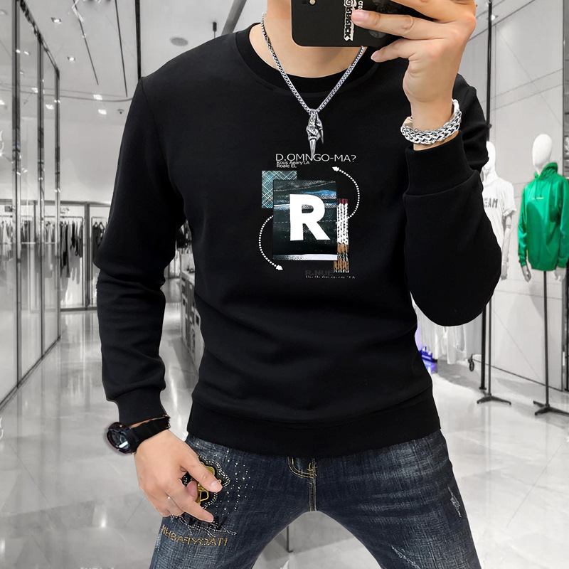 欧洲站加绒卫衣男士潮流字母印花秋冬高级男装潮牌圆领修身打底衫
