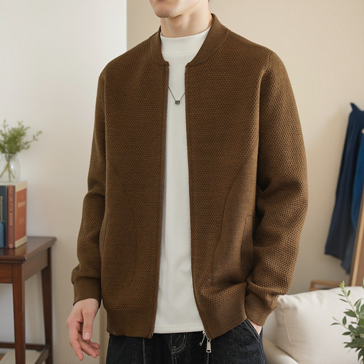 立领针织开衫外套男士秋冬款简约轻奢男装百搭休闲夹克高级感上衣