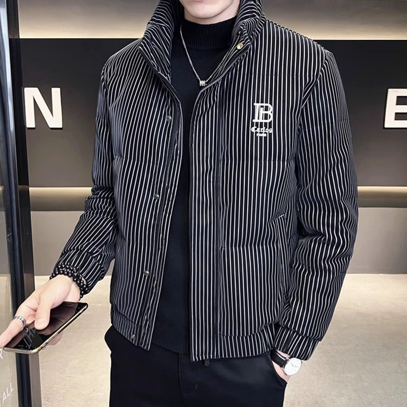 男士高档羽绒服潮牌外套秋季条纹轻薄短款立领衣服秋装加厚棉衣男