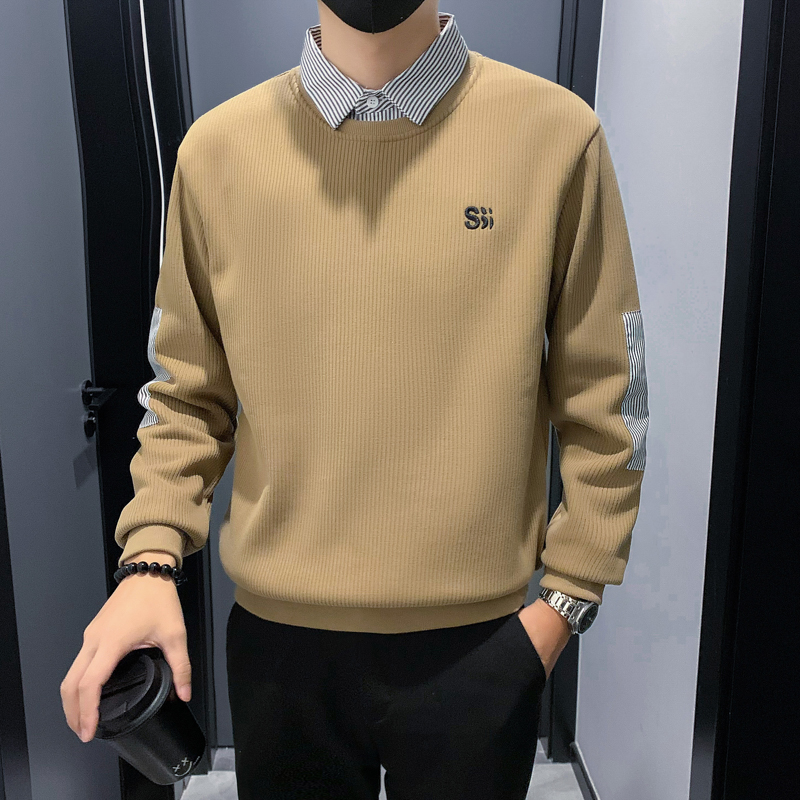 高级男装假两件卫衣男春秋款痞帅拼接修身帅气上衣长袖潮牌外套男