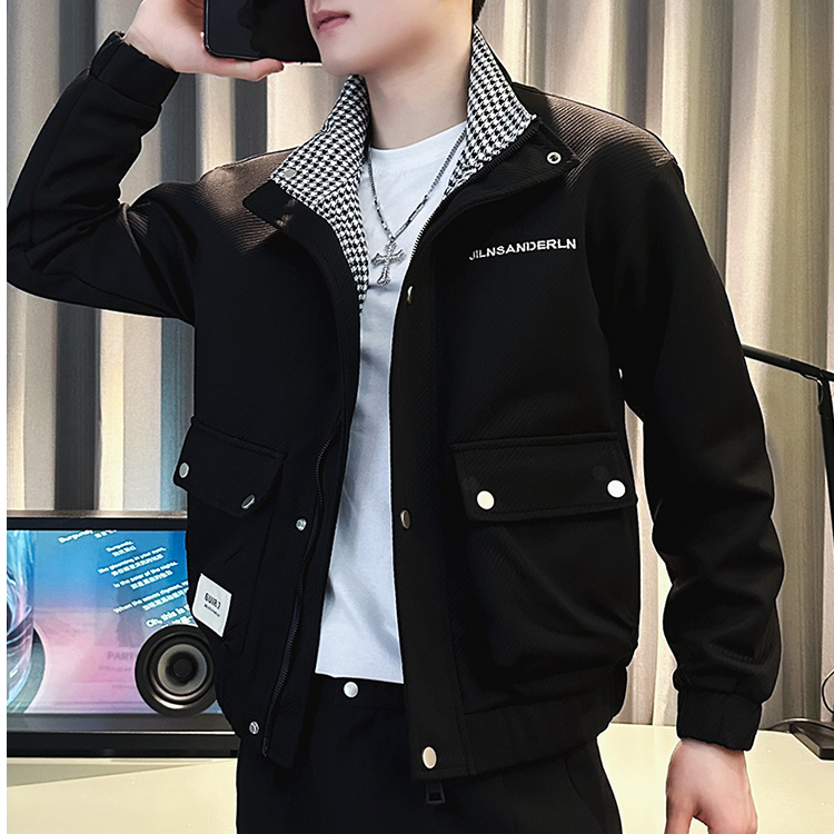 春秋季新款工装外套男士潮牌痞帅高级感千鸟格子立领夹克男装上衣