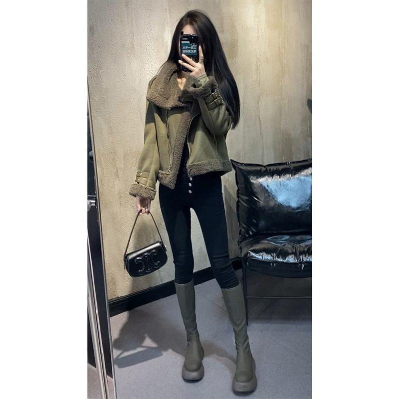 欧洲站秋冬加厚高级感夹克设计感皮毛一体机车服绿色外套女