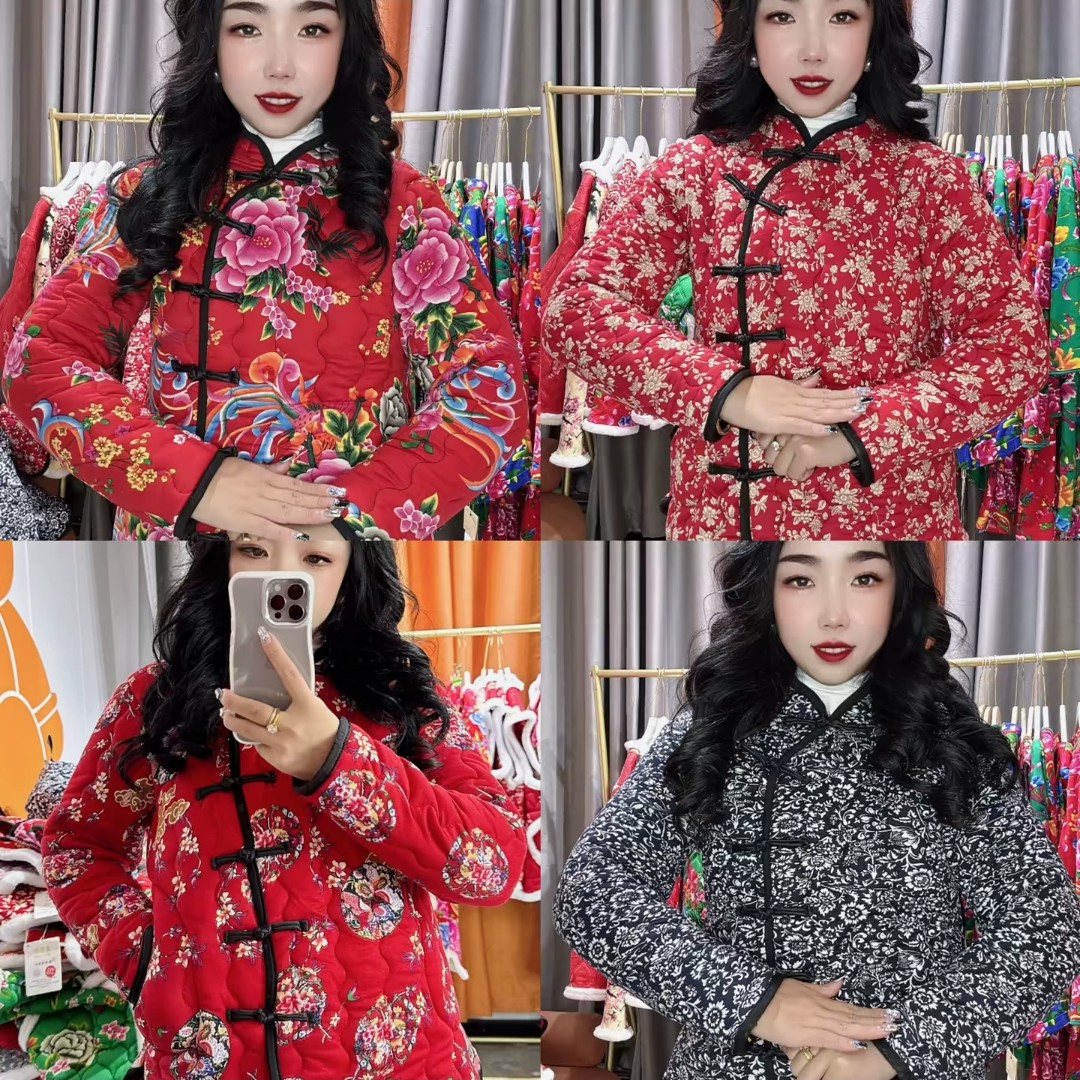 2025黑边盘扣东北大花花棉袄90-180斤