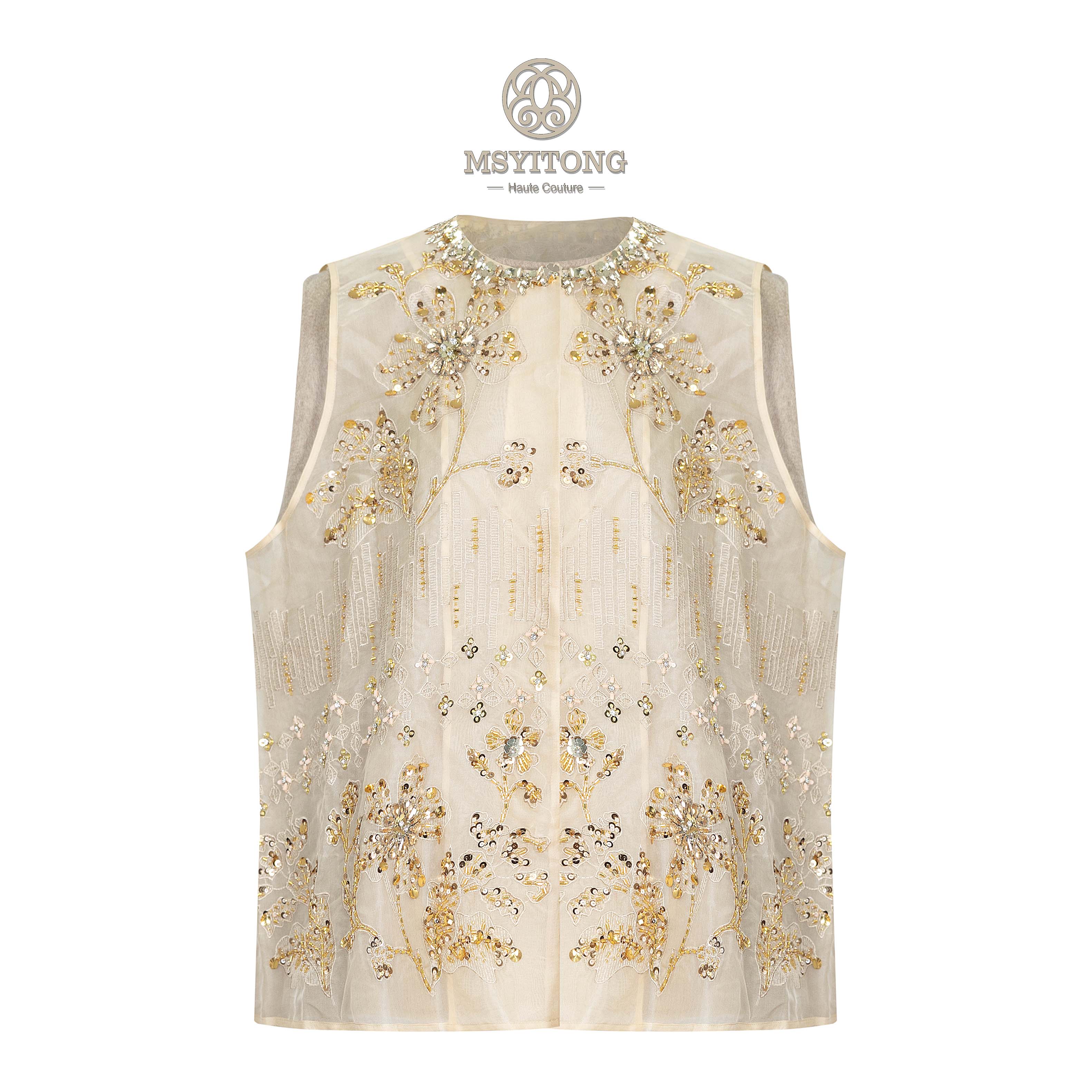 【MSYITONG高定】钉珠欧根纱羊绒无袖马甲两件套