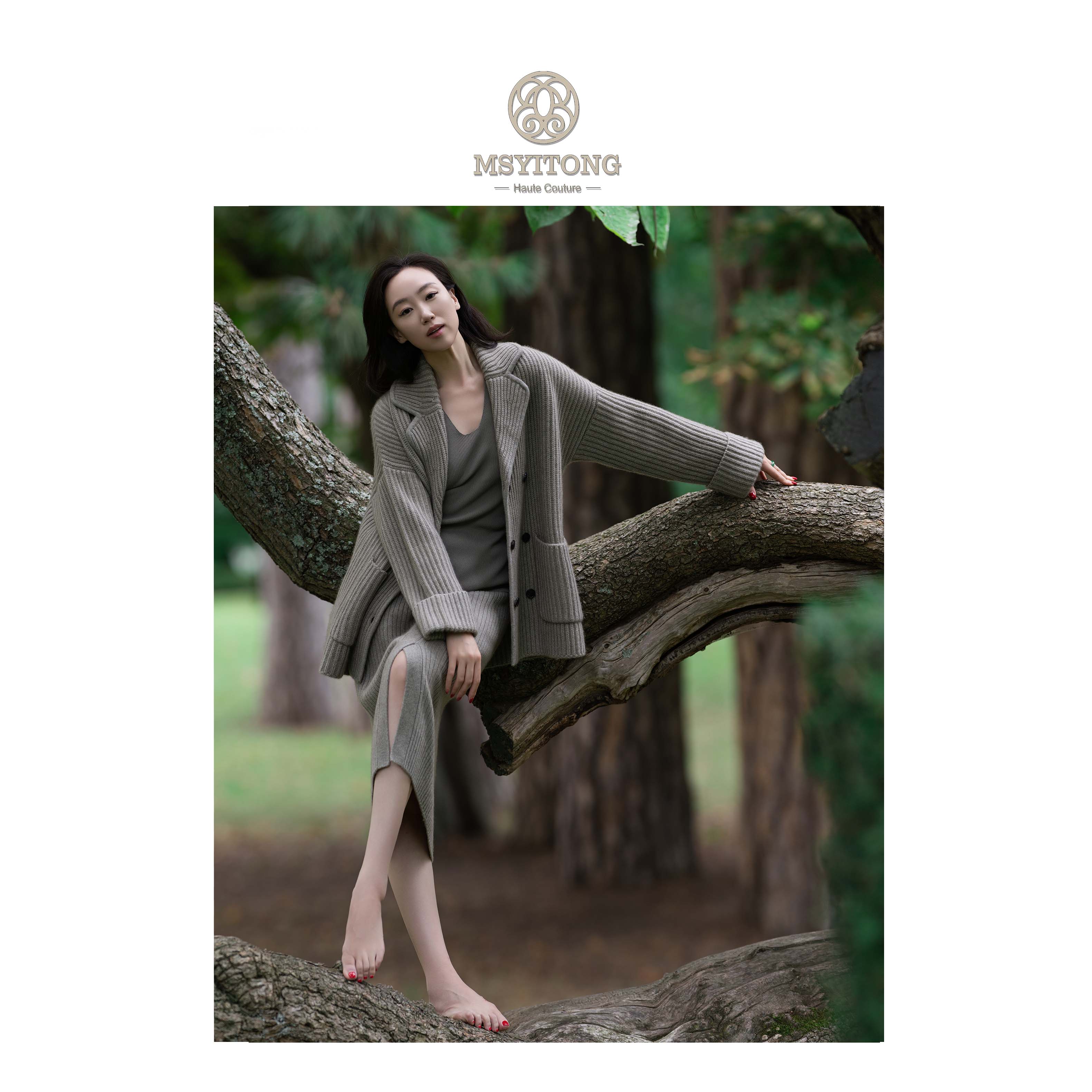 【MSYITONG高定】意大利CARIAGGI灰绿定制纱线西服领全羊绒宽松外套