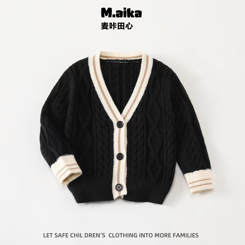 DX52男女童秋冬简约黑白撞色开衫春秋新儿童麻花毛衣宝宝针织外套