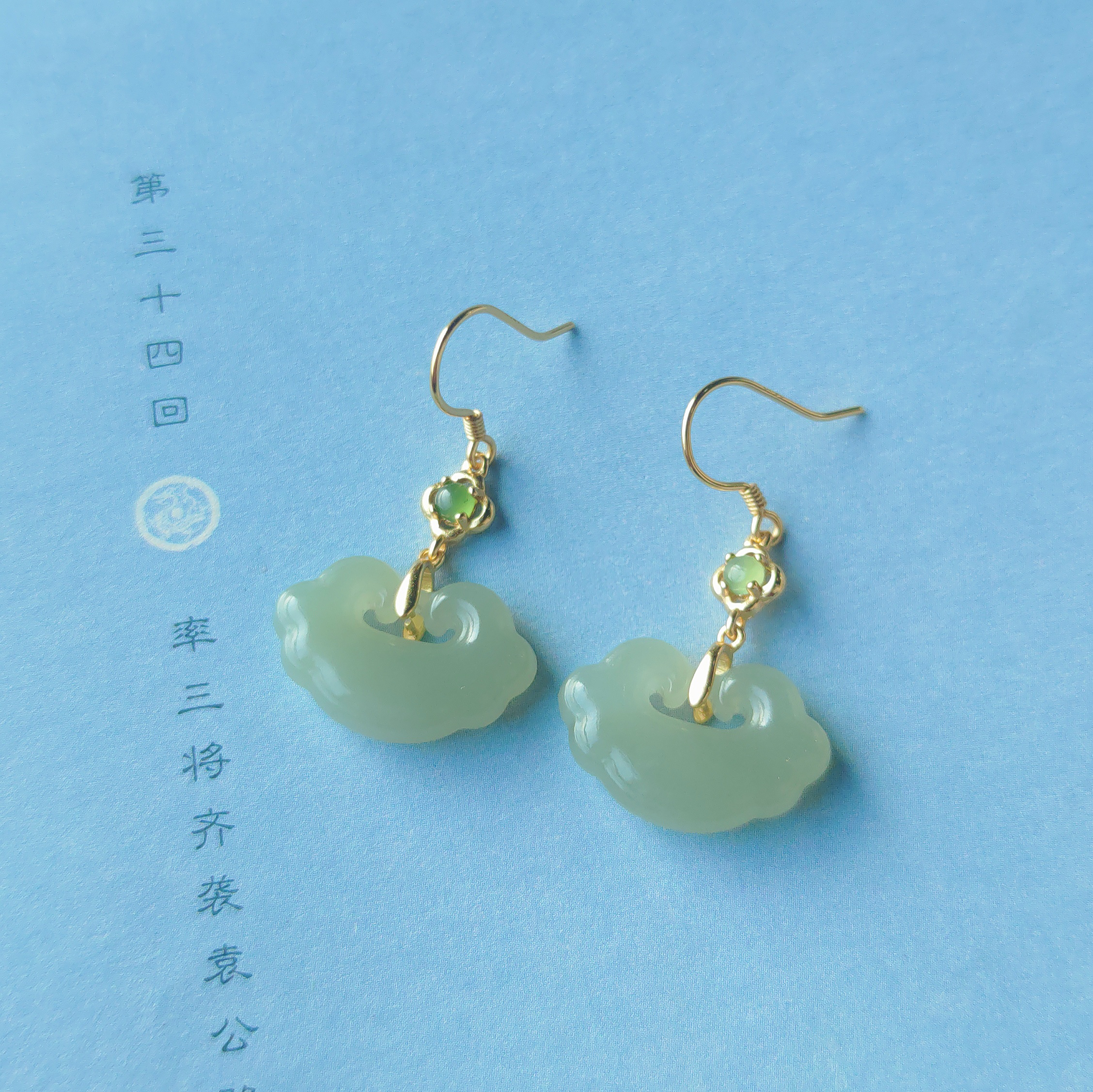 S925银天然和田玉如意耳环耳坠复古811434