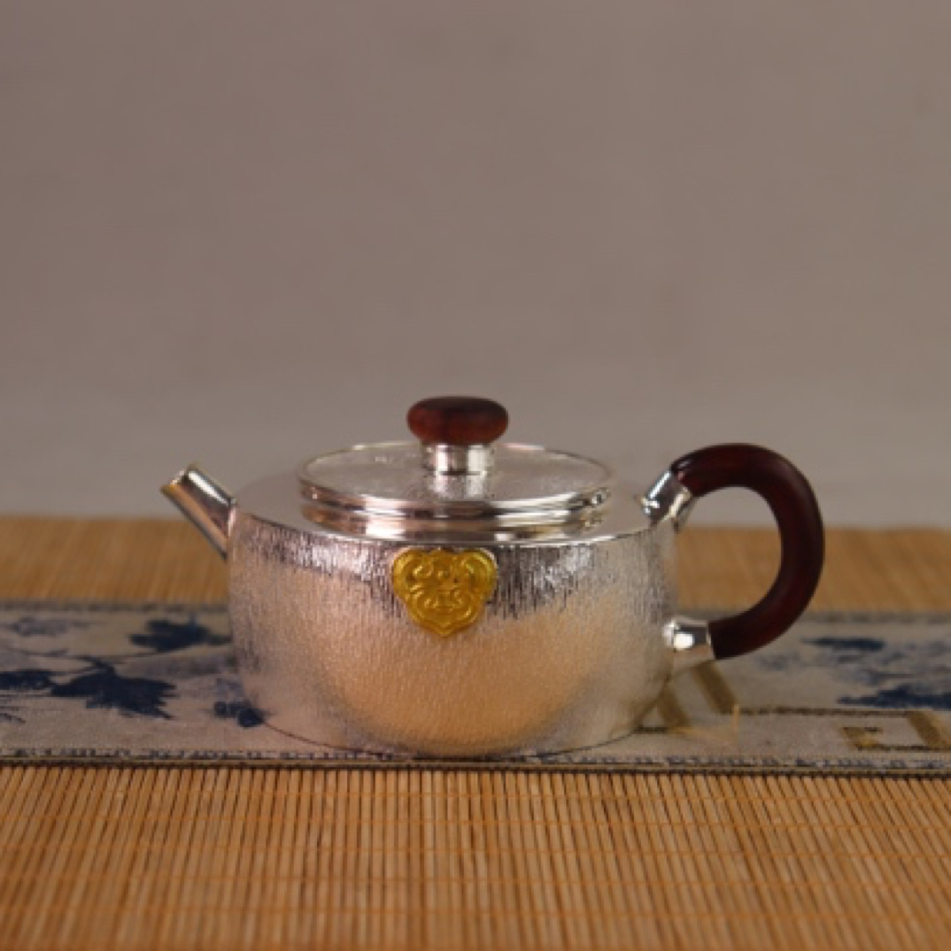 纯手工如意木把功夫泡茶壶家用浮雕中式全手工茶具纯银