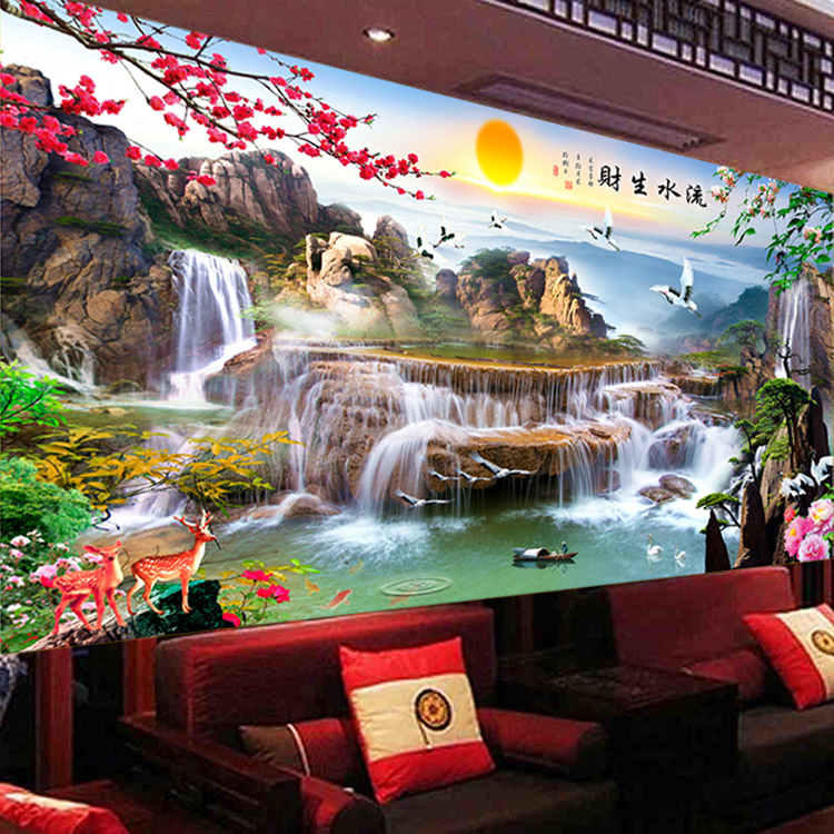 流水生财十字绣2023新款线绣客厅大幅大气山水画迎客松自己绣手工