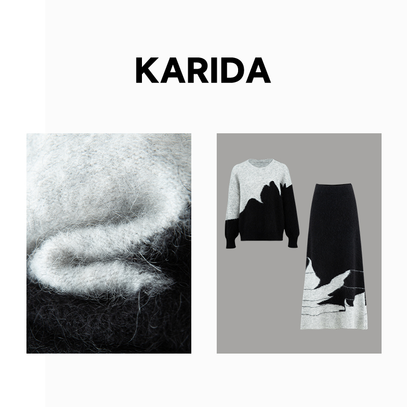 珂芮达【云感呼吸】单股12支5针羊毛马海毛绒感云朵纹织衫半裙套装