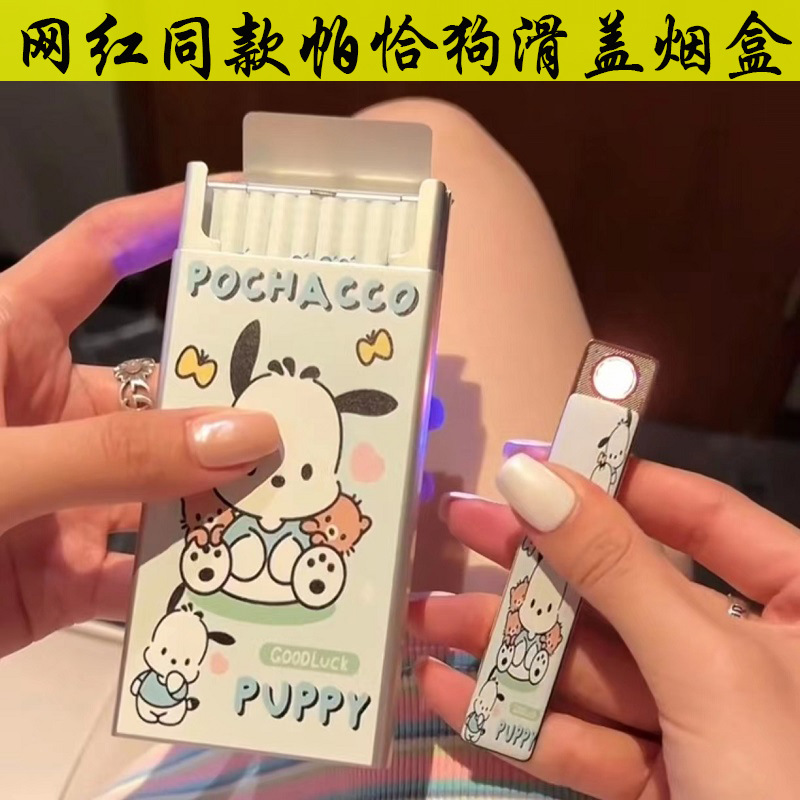 抖音网红同款三丽鸥充电打火机烟盒粗支细支20只装高颜值点烟器潮