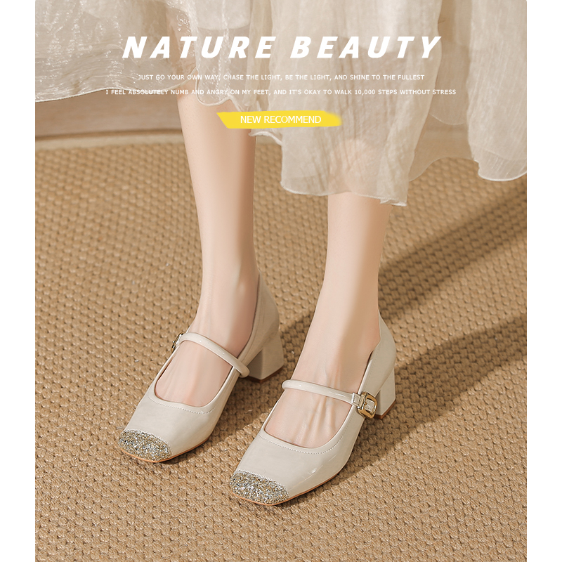 时尚新款方头玛丽珍单鞋女2024春秋新款法式一字带百搭气质中粗跟