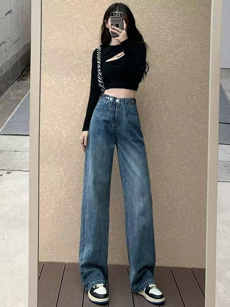 2【直播专属8号链接   宝   】牛仔裤女高腰吊带显瘦阔腿拖地裤子