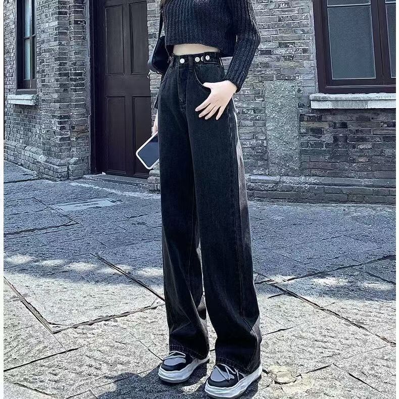 【直播专属9号链接   春   】牛仔裤女高腰吊带显瘦阔腿拖地裤子