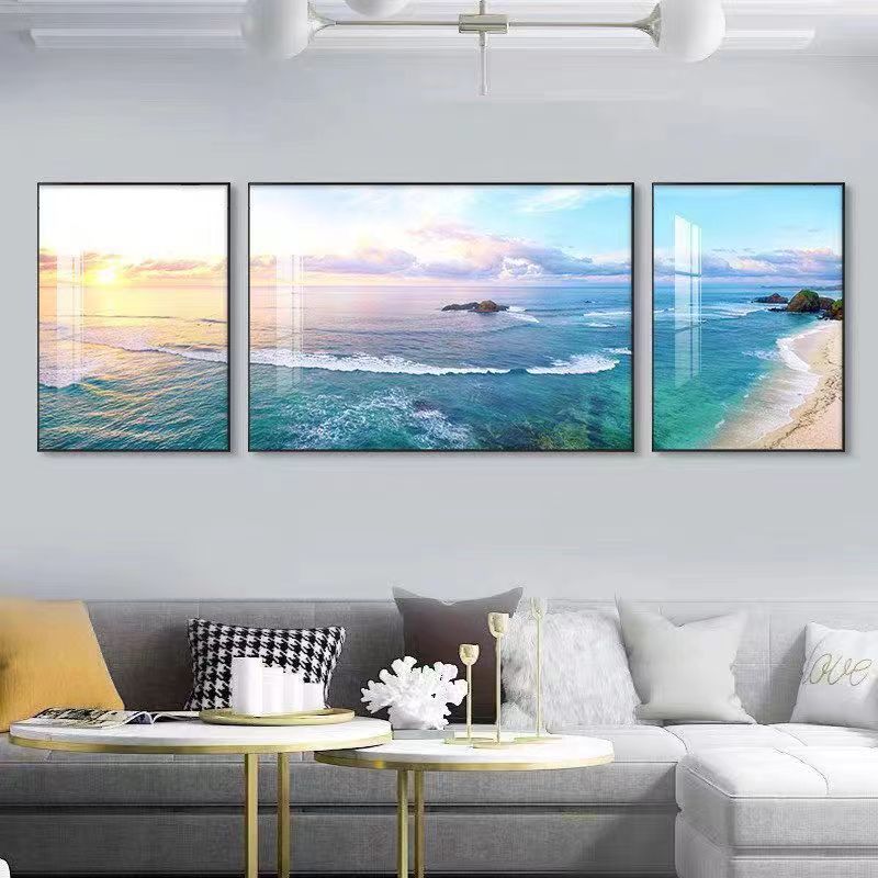 腾景空间【旭日东升】客厅装饰画大海风景挂画烤瓷抽象新中式立体画