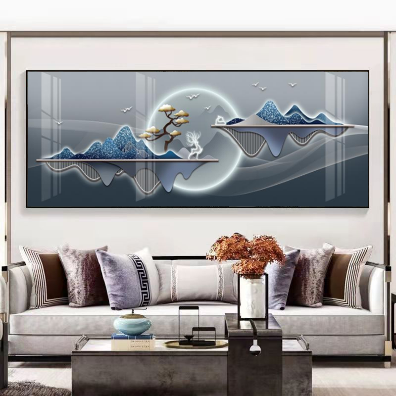 腾景空间【轻奢福鹿】新中式立体抽象横版客厅挂画晶瓷装饰画背景画