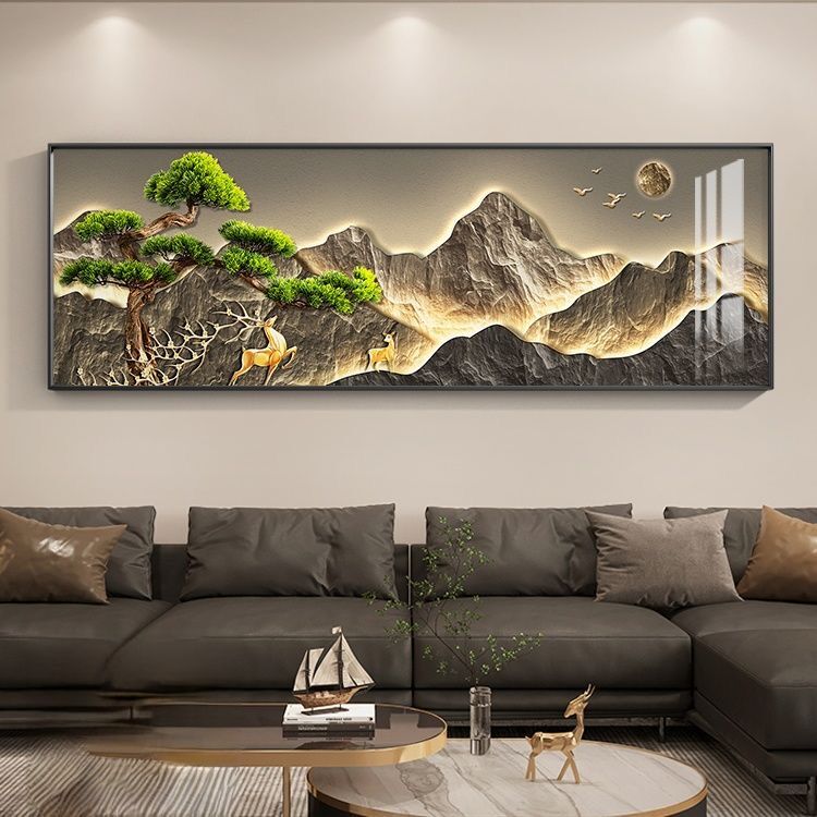 腾景空间【横版画多款】新中式迎客松晶瓷画客厅装饰画镶钻茶室挂画