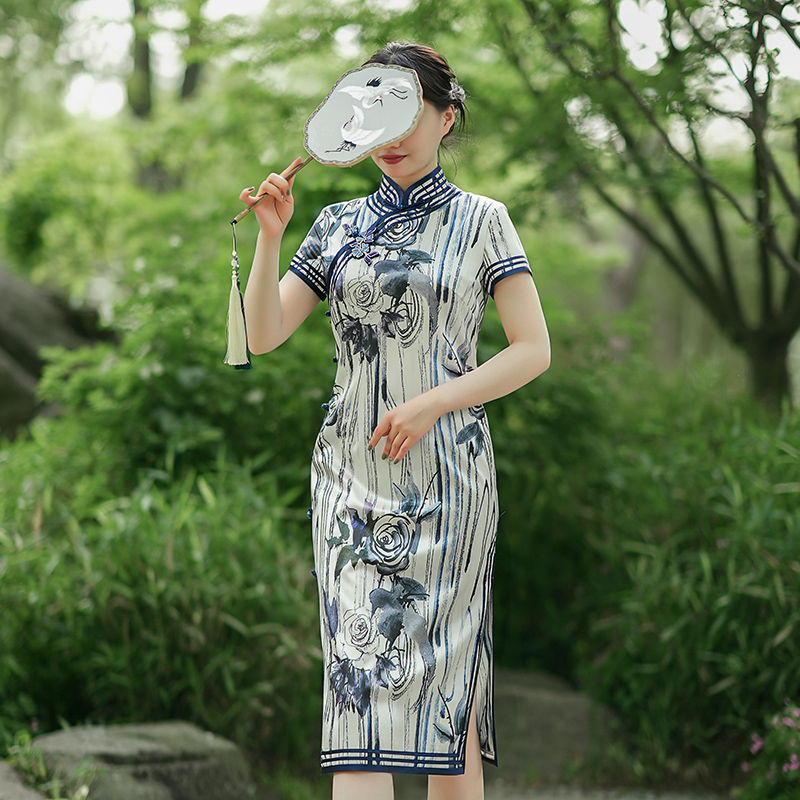 【断码】徐永良 52004 夏季全开襟桑蚕丝中国风旗袍高端气质修身