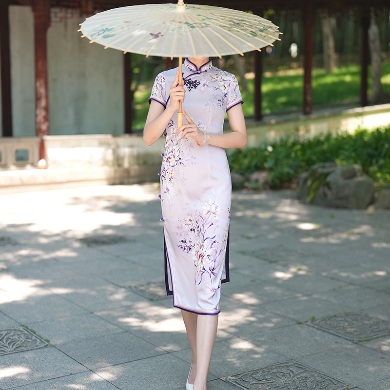 徐永良 53004 夏季印花旗袍单层醋酸气质全开襟短袖高档国风旗袍