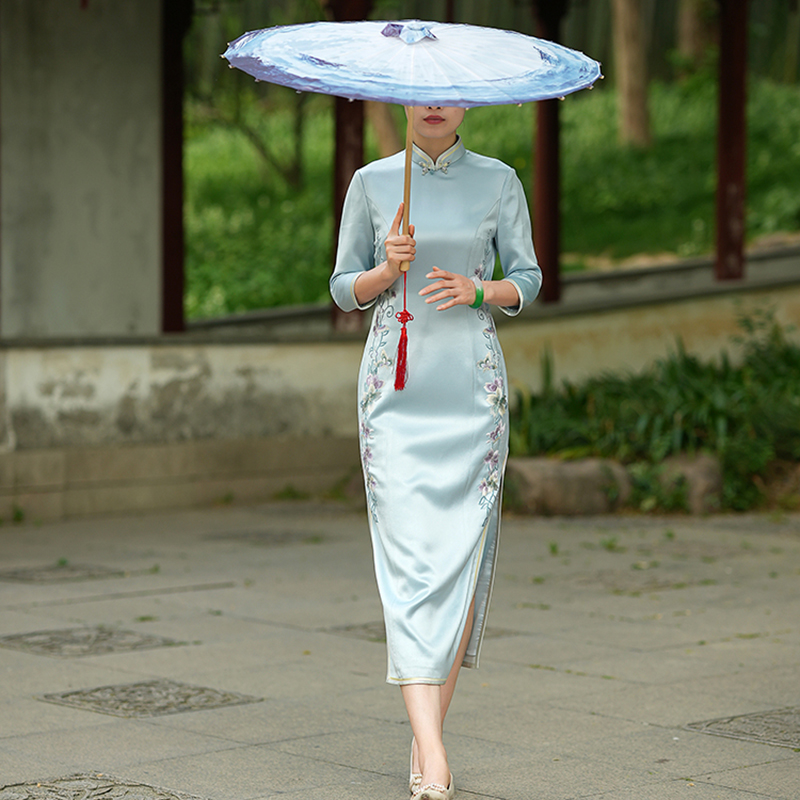 徐永良 53366断码 春秋醋酸绣花立领中长款复古优雅气质日常旗袍