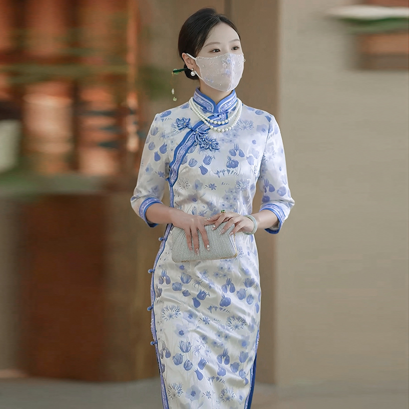 【徐永良】54001 中国风旗袍织锦提花双层七分袖精致蕾丝边