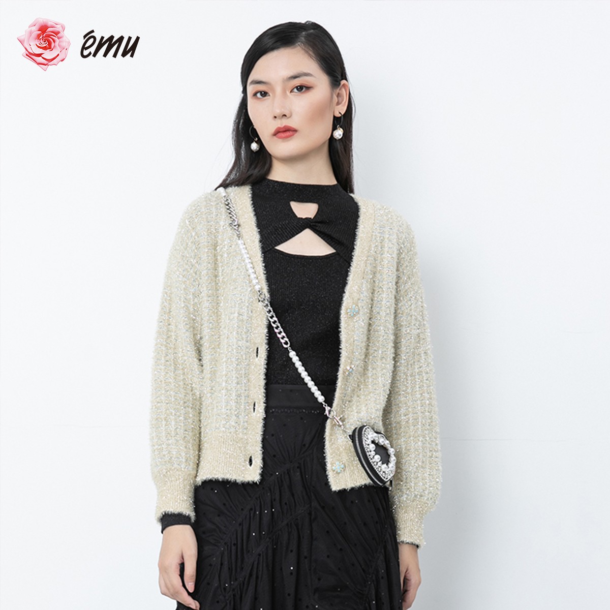 emu/依妙秋冬新款V领毛衣开衫外套小衫上衣时尚气质编织针织衫