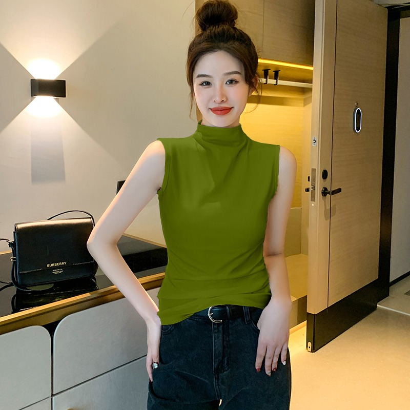 牛油果绿纯棉半高领无袖背心打底衫女内搭2023春夏新款修身上衣潮