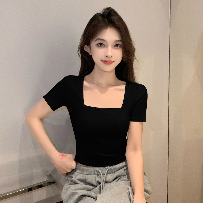 黑色U领短袖女t恤2024新款夏正肩辣妹设计感修身百搭短款上衣棉款