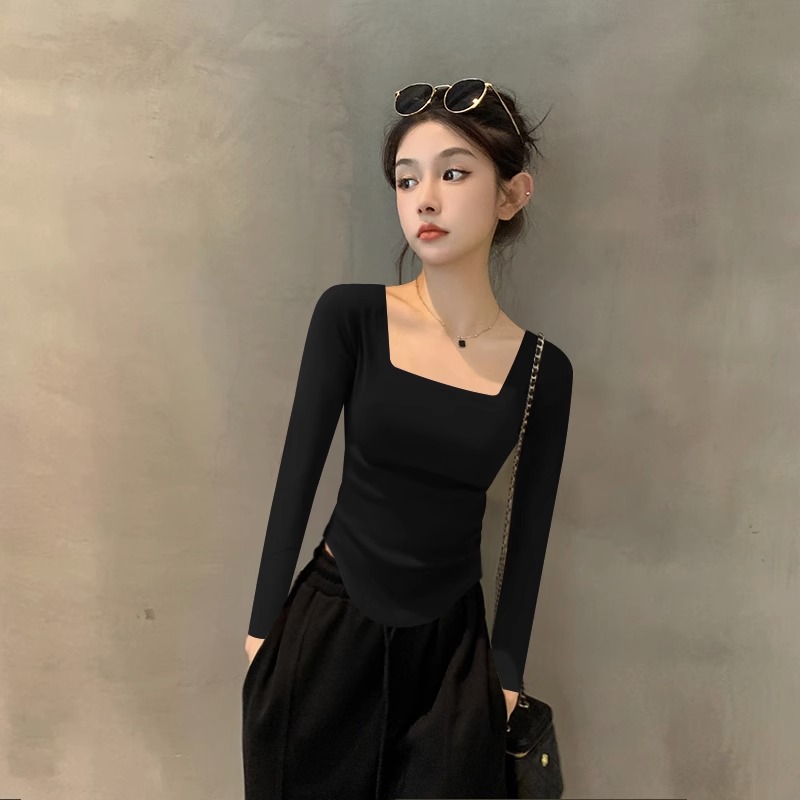 秋冬黑色方领长袖内搭衣女不规则纯棉小个子穿搭下摆紧身内搭上衣