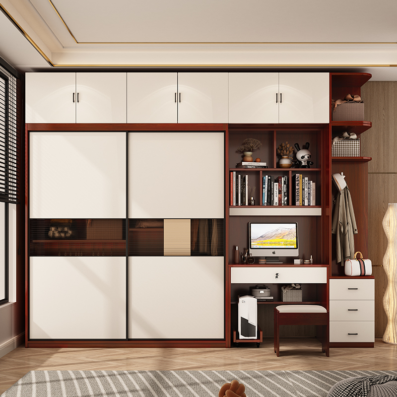 实木衣柜推拉门卧室家用柜子衣柜带书桌一体组合生态多层板大衣橱