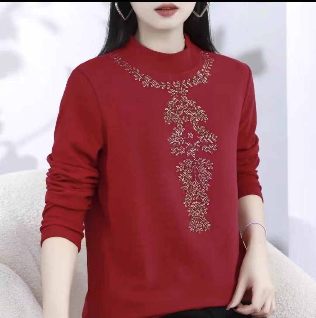 大码妈妈装双面绒加厚套头打底衫2023秋冬新款烫钻长袖弹力上衣