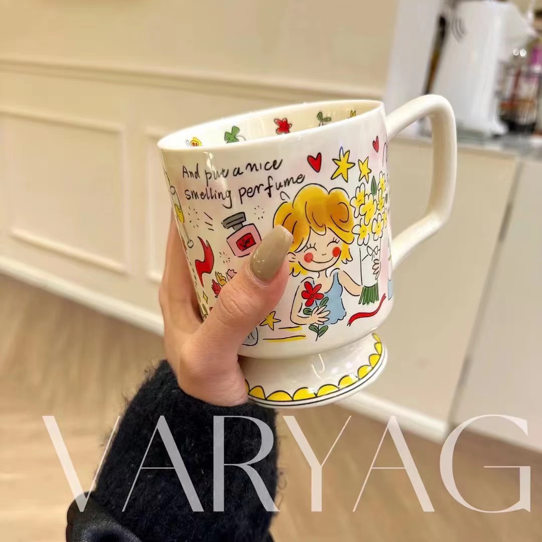 新款ins风家用动漫奶油女孩高颜值治愈系少女心陶瓷水杯马克杯