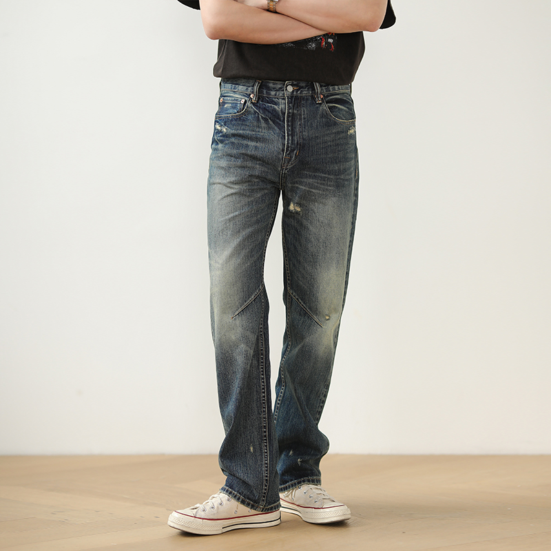 赤耳丹宁重工水洗弯刀剪裁靛蓝美式复古直筒牛仔裤MBBCAR窄幅701