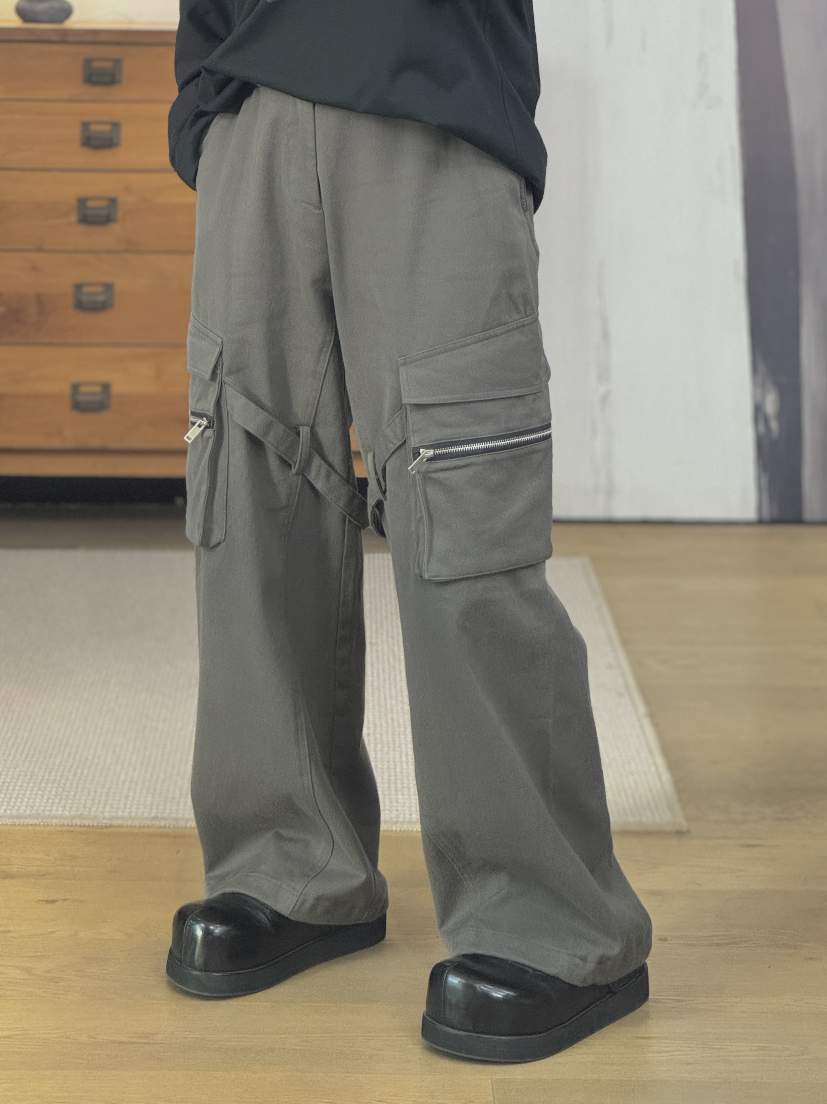 TUAN【原创工装】重工水洗爽滑 拉链口袋 织带设计 直筒阔腿休闲裤