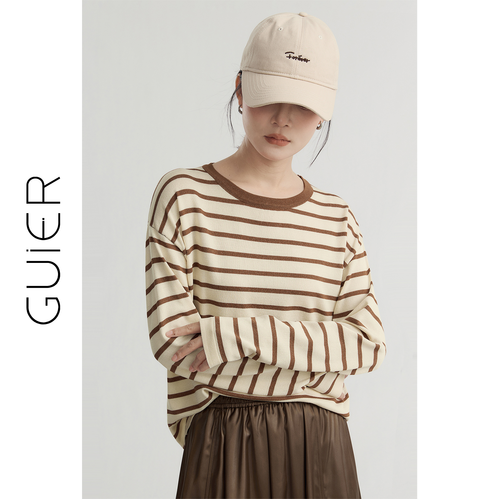 「GUIER」条纹针织衫长袖2025秋季宽松休闲百搭设计感上衣G4271