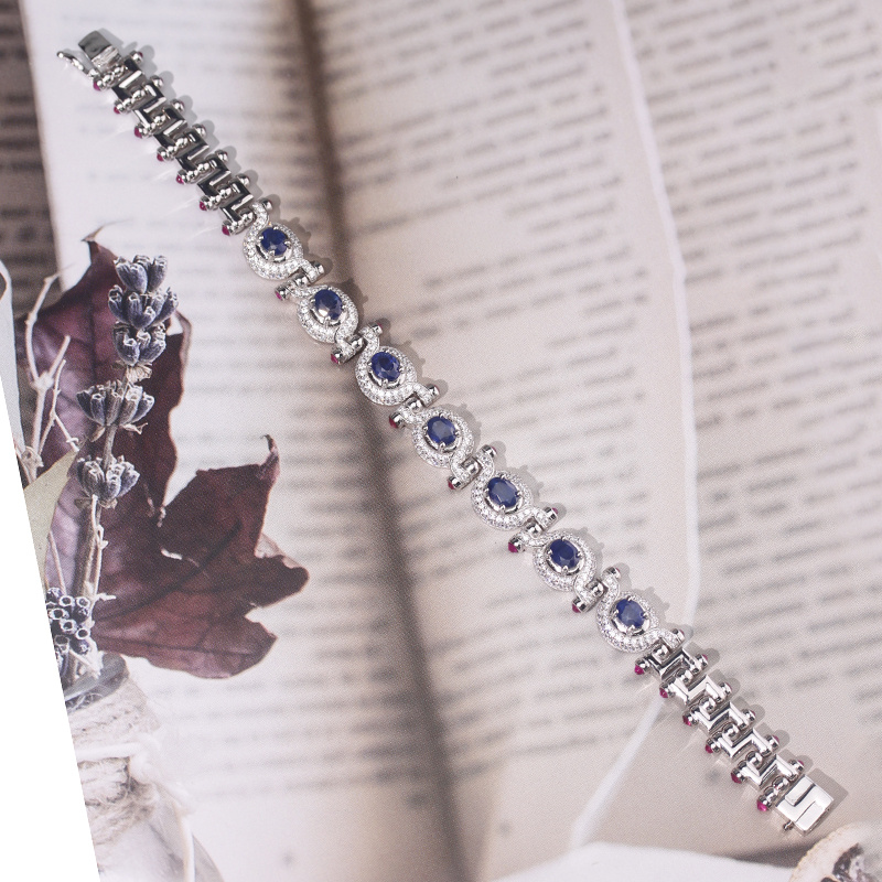 天然蓝宝石手链重工镶嵌通体S925银