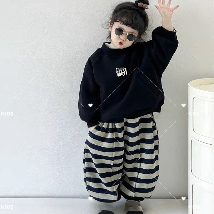 儿童加绒加厚套装2024秋冬新款韩版时尚男女童卫衣卫裤条纹两件套