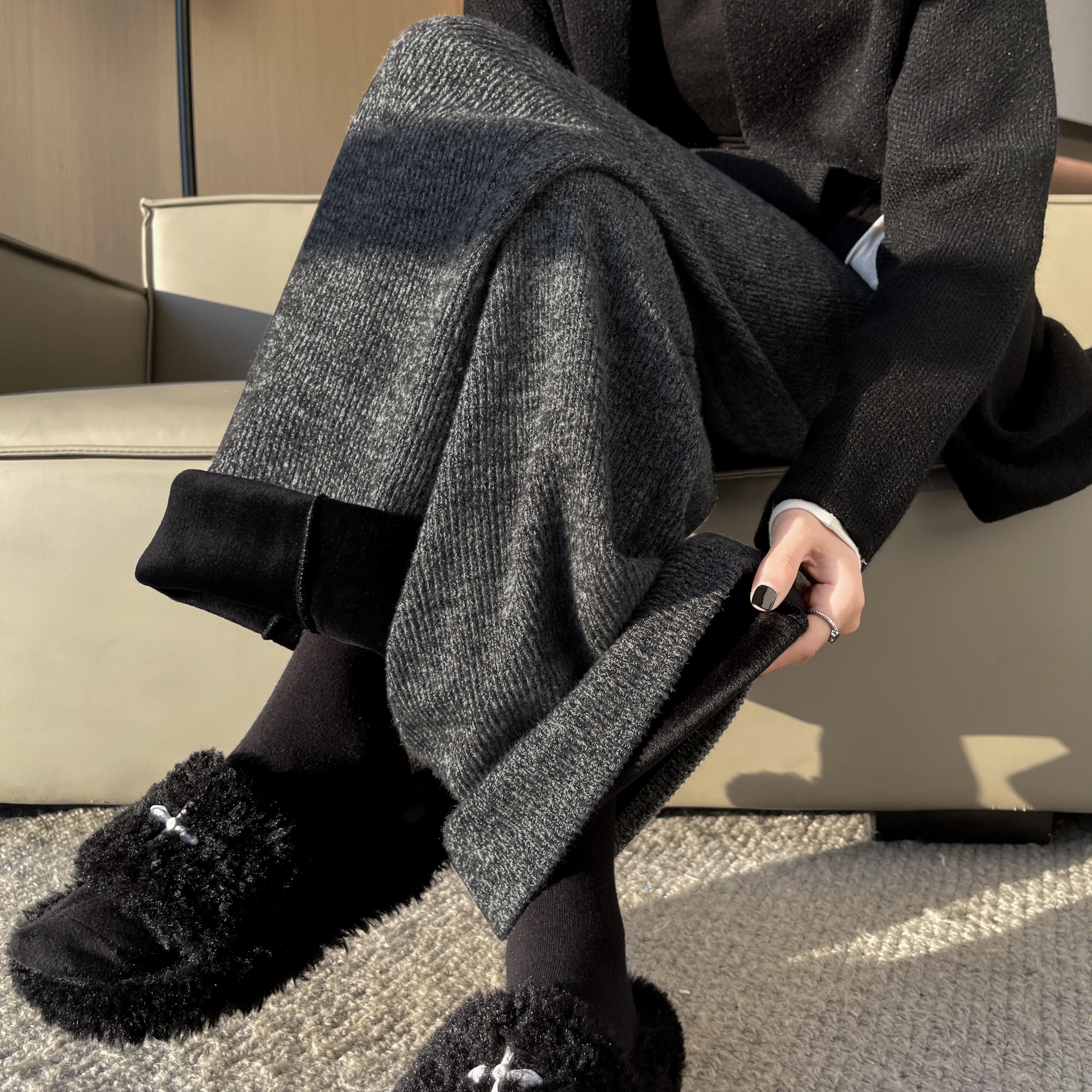 加绒加厚阔腿裤韩系高腰坑条休闲裤女加长直筒显瘦小个子拖地裤子