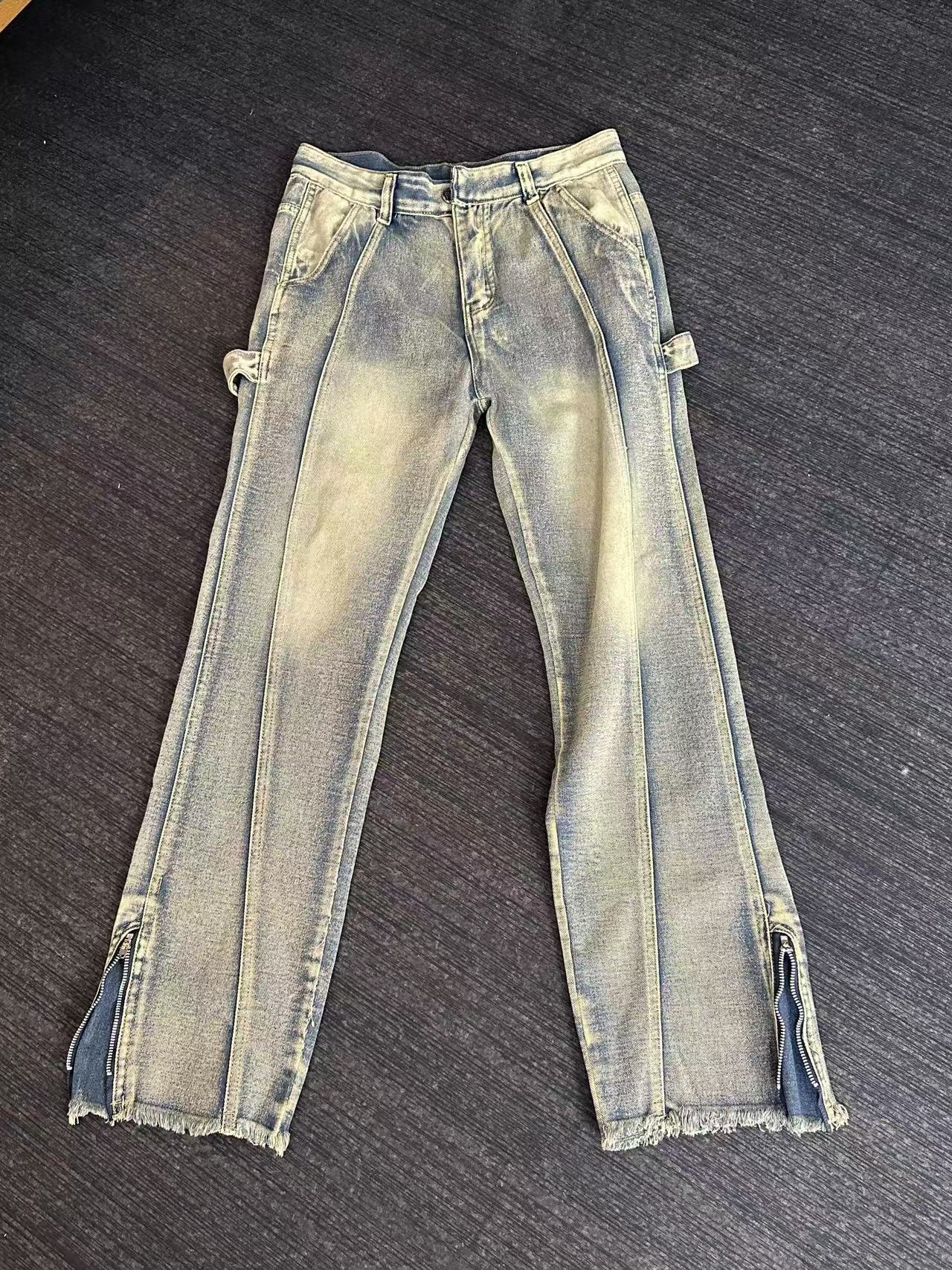 【小妮】美式复古拉链牛仔裤双色拼接直筒裤高街喇叭阔腿裤男女