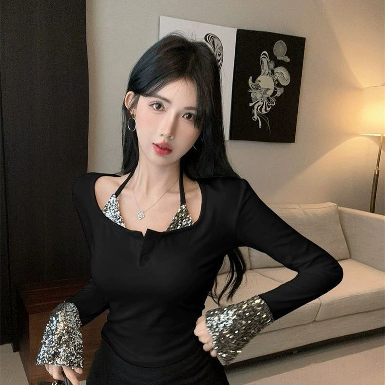 亮片重工拼接挂脖U领T恤显瘦假两件长袖短款上衣