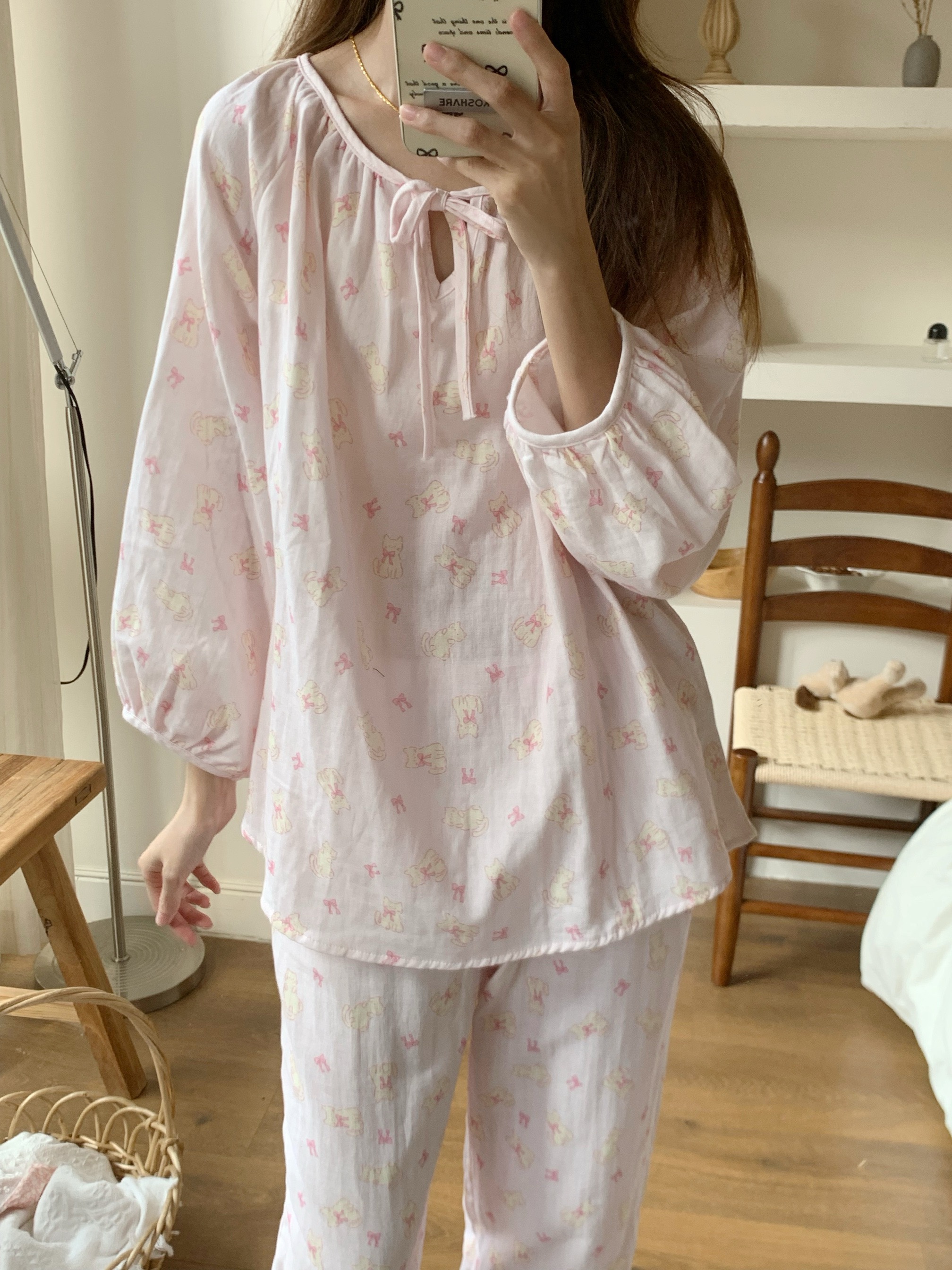 ins少女甜美可爱设计感蝴蝶结睡衣女春秋宽松长袖长裤家居服