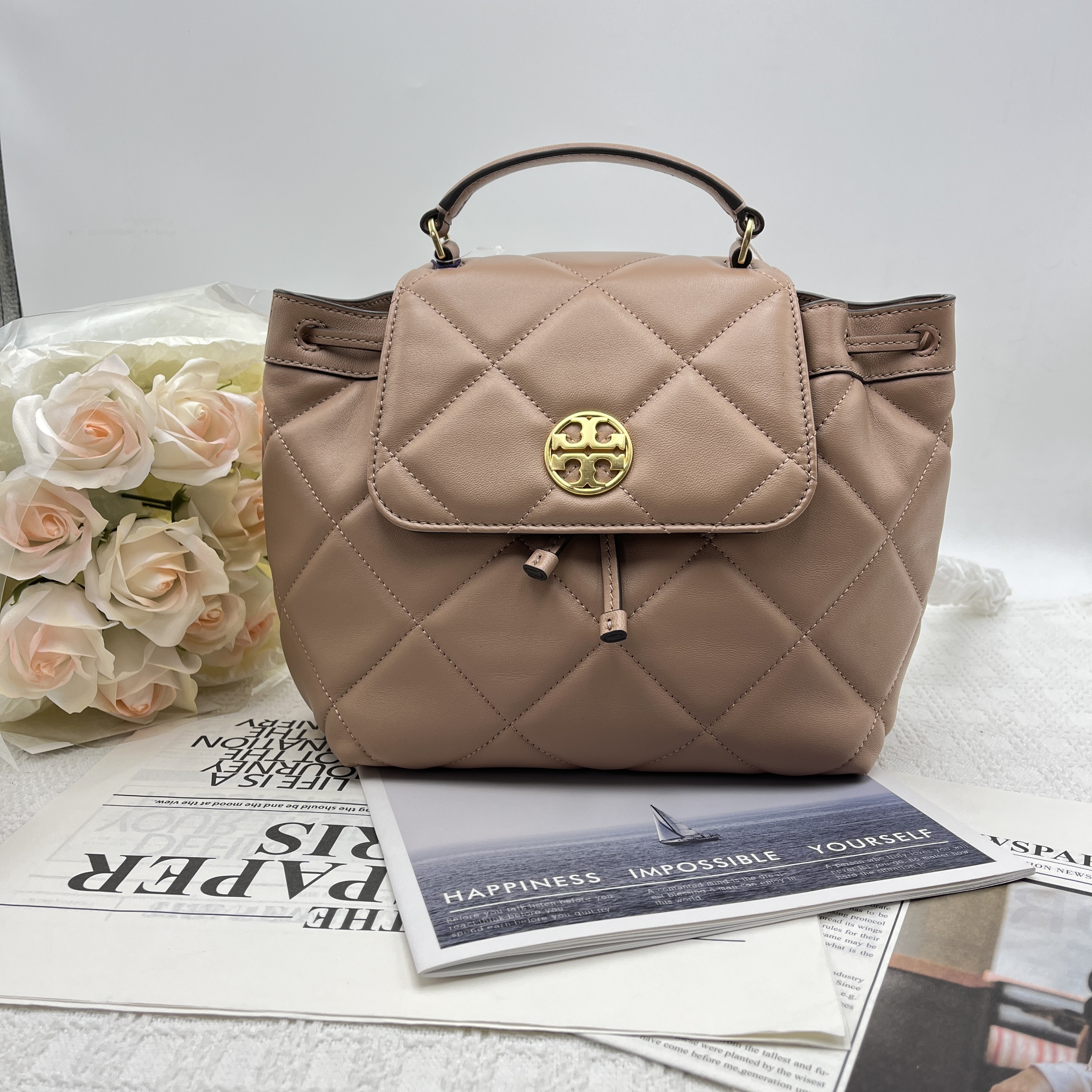 99新 TORY BURCH/汤丽柏琦  Willa粉色羊皮双肩包 088 小香风女士