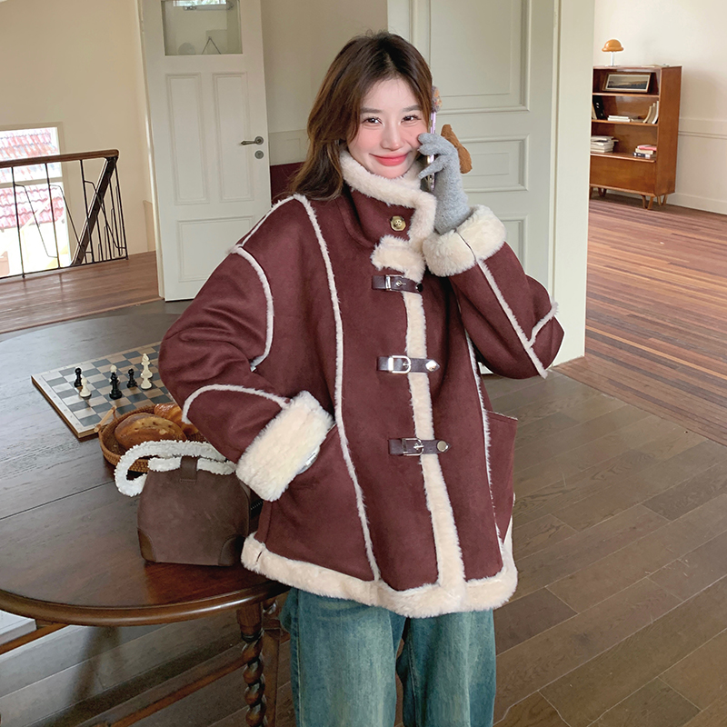 安可拉红皮毛一体仿羊羔毛绒外套冬季2024新款韩系设计感立领棉服